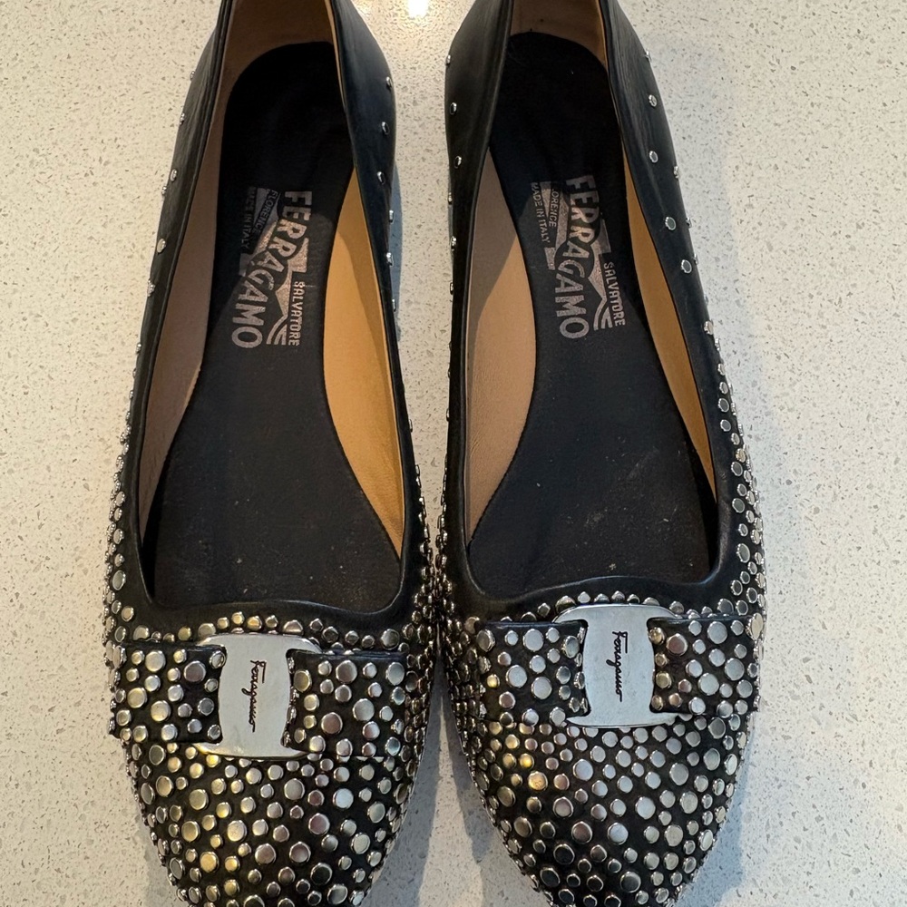 Salvatore Ferragamo Black Silver Studded Flats - Picture 1 of 7